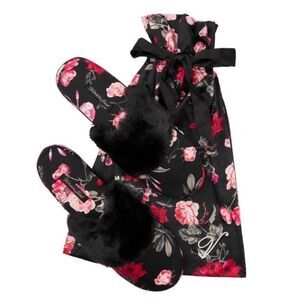 Victoria Secret Satin Floral Faux Fur Slippers with dust bag